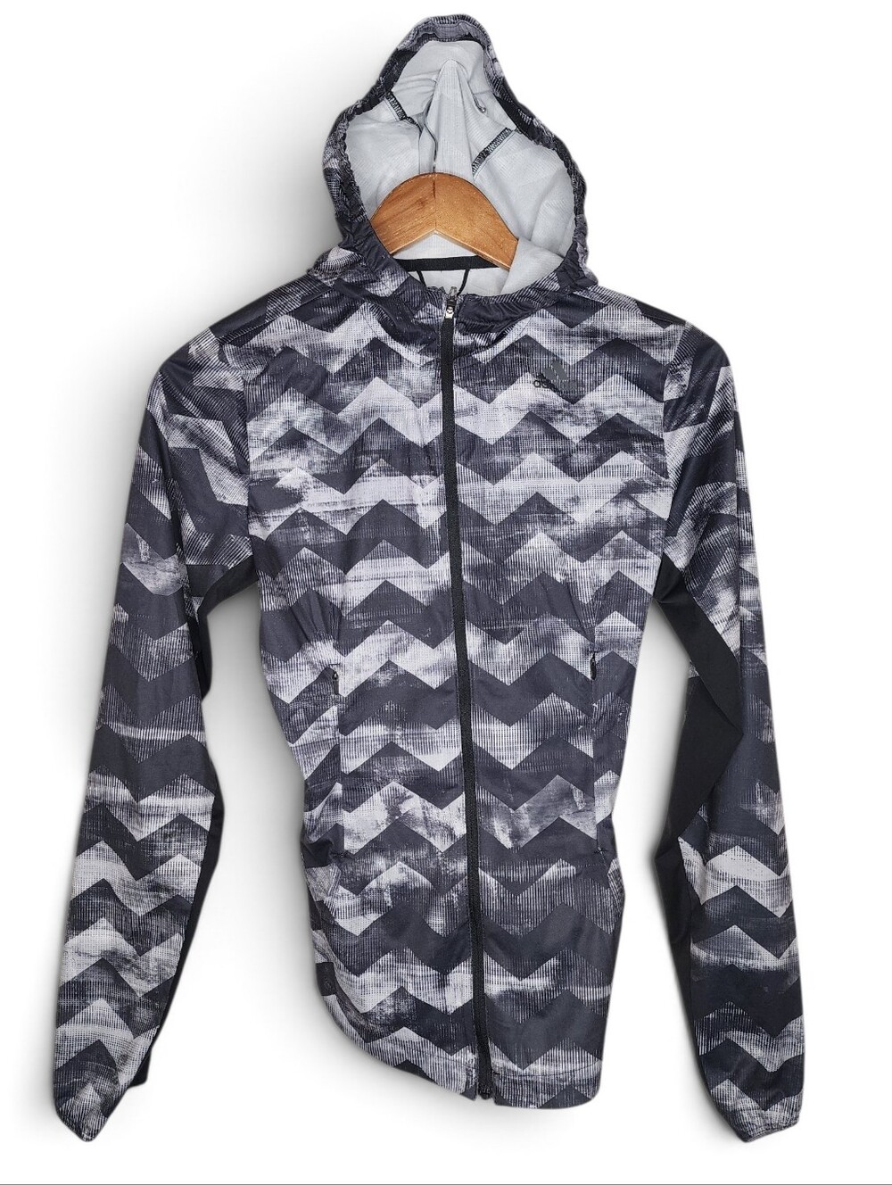 Adidas Adizero Energy Running Full Zip Hooded Jacket in Black Chevron Size XS
